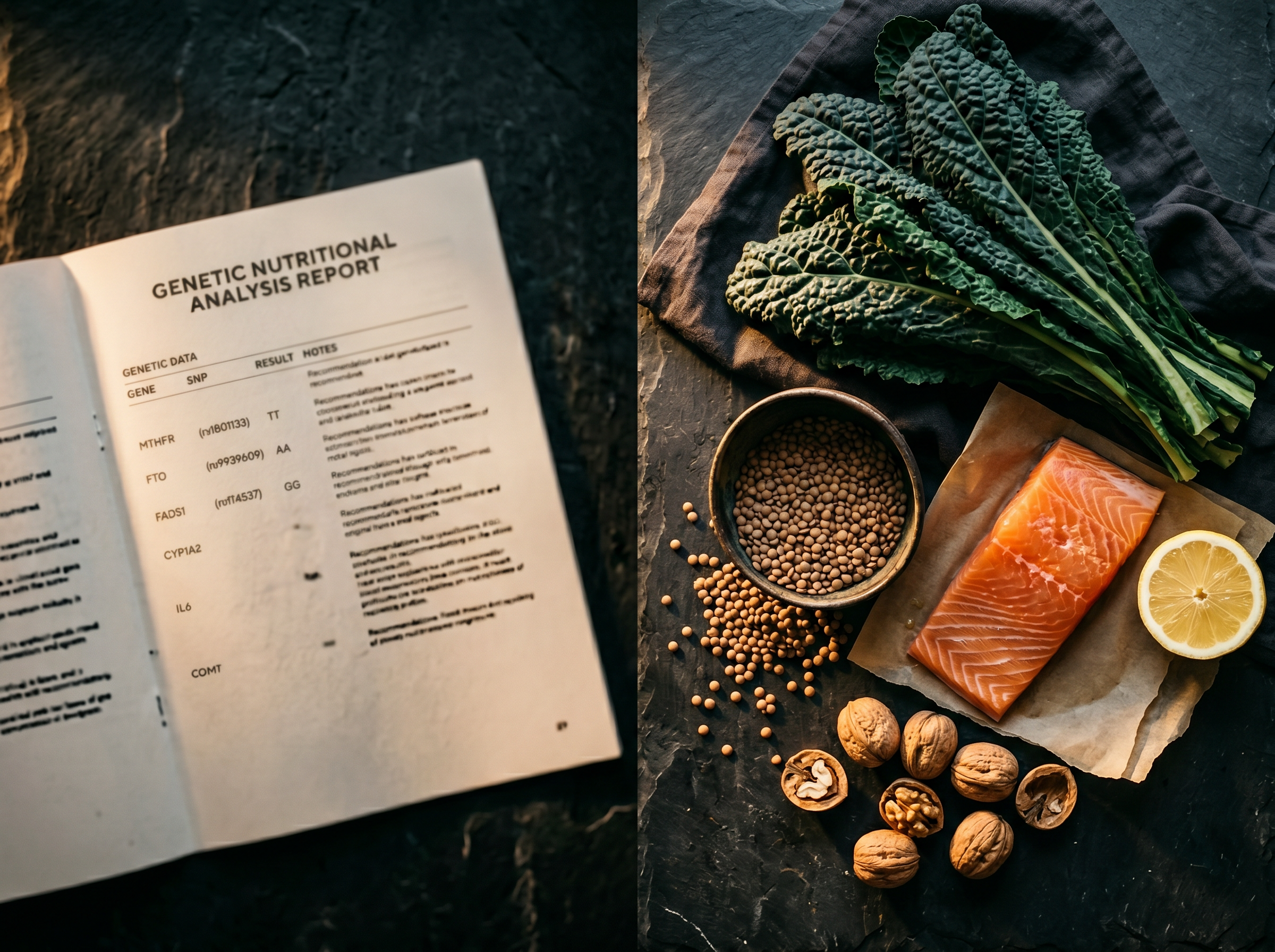 An open genetic nutrition analysis report showing MTHFR, FTO, FADS1, CYP1A2, IL6, and COMT gene results, beside fresh whole ingredients including lacinato kale, lentils, wild salmon, walnuts, and lemon on a dark slate countertop