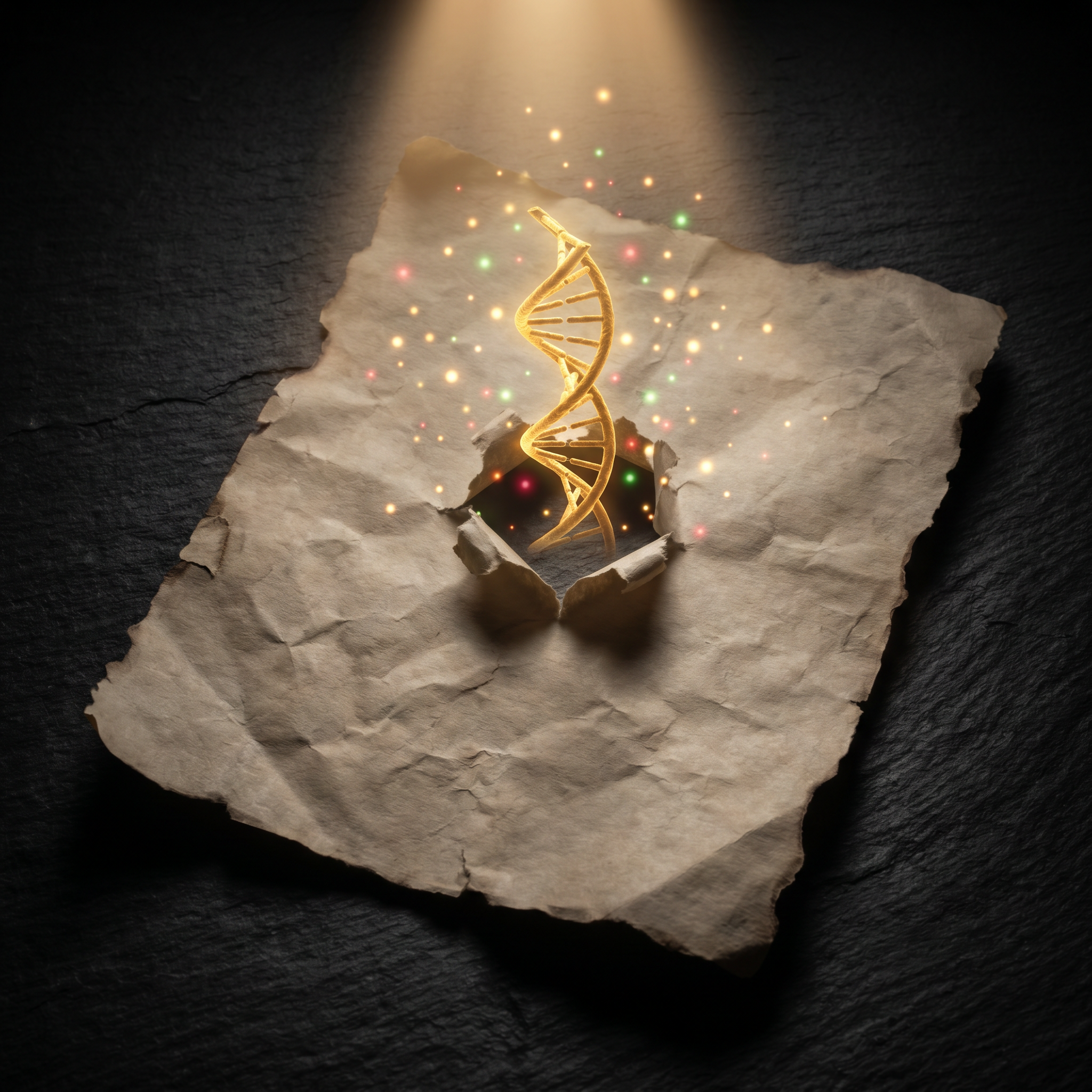 A luminous gold DNA double helix rising through a torn crumpled blank paper on a dark charcoal surface, surrounded by glowing nutrient particles in gold, crimson, and green — representing genetics breaking through failed diet plans
