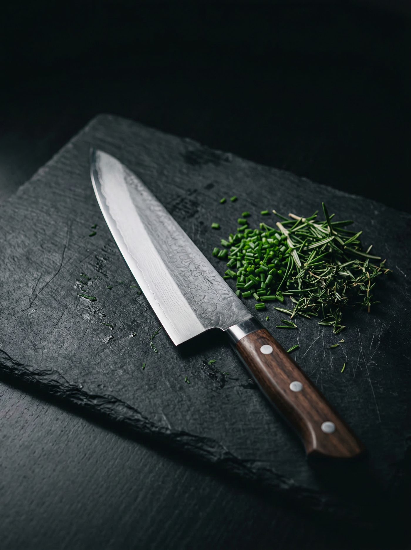 Damascus chef knife beside freshly chopped herbs on dark slate — the tools of culinary mastery