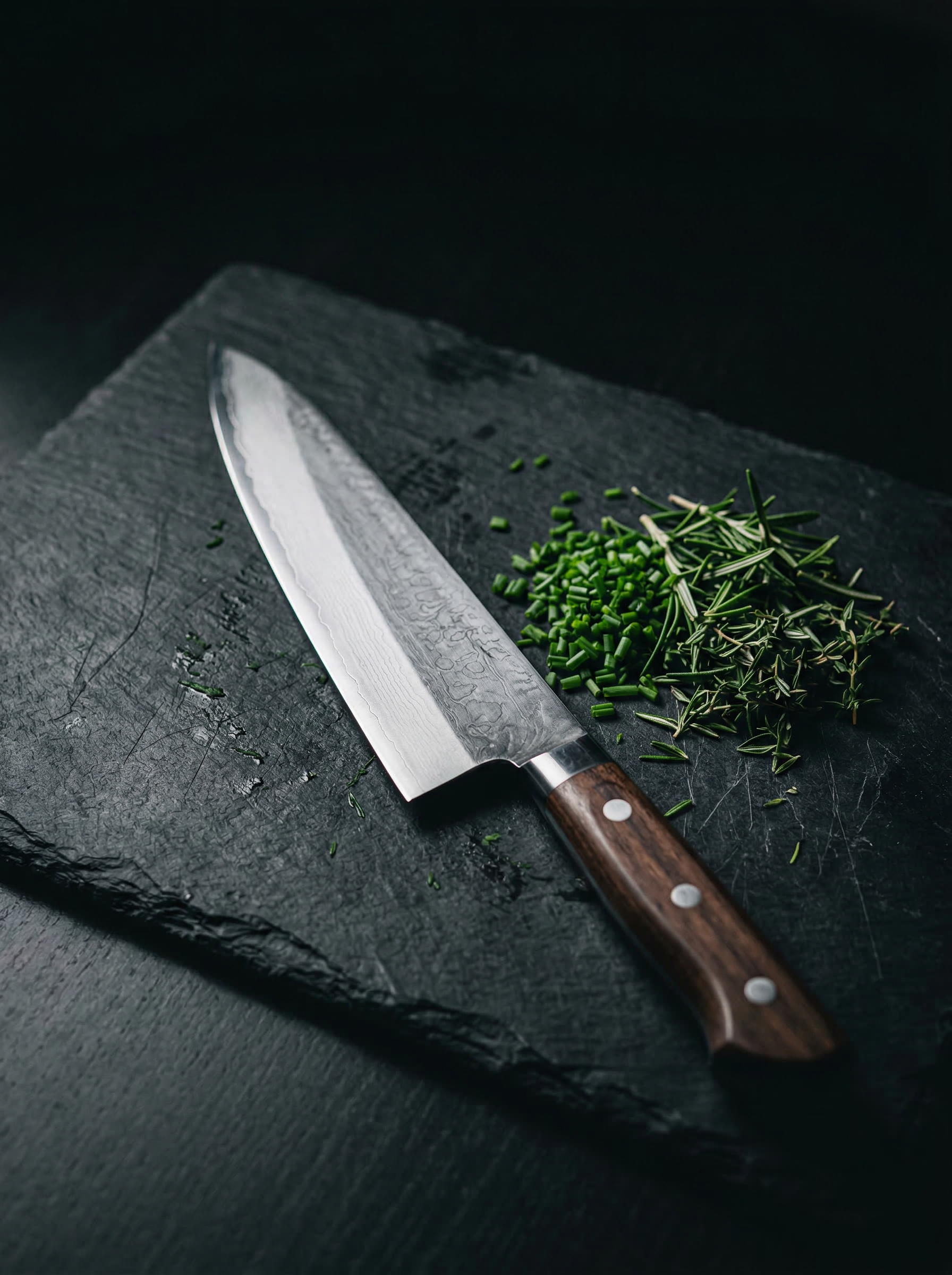 Damascus chef knife beside freshly chopped herbs on dark slate — the tools of culinary mastery