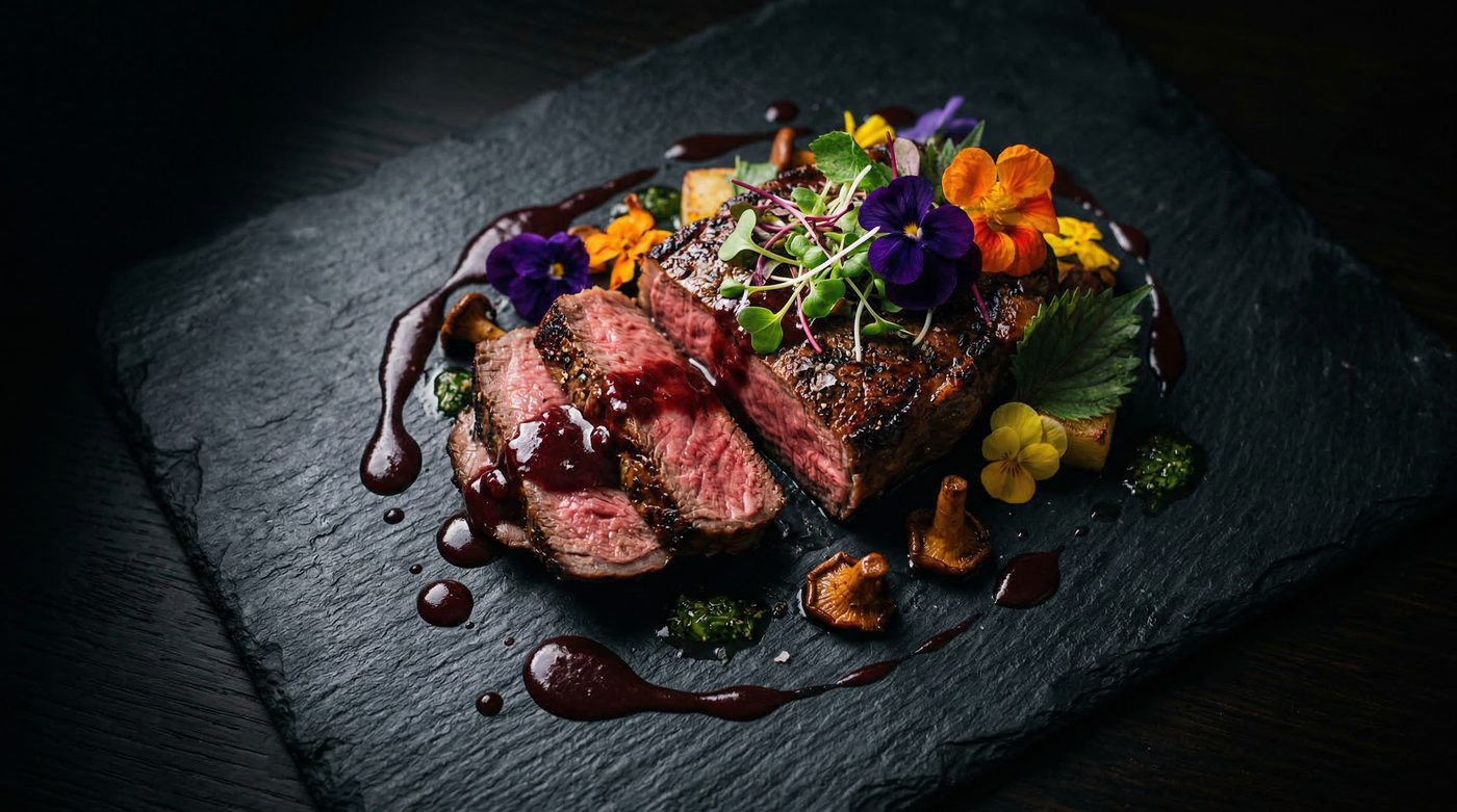 Masterfully plated fine dining dish — wagyu with microgreens and edible flowers
