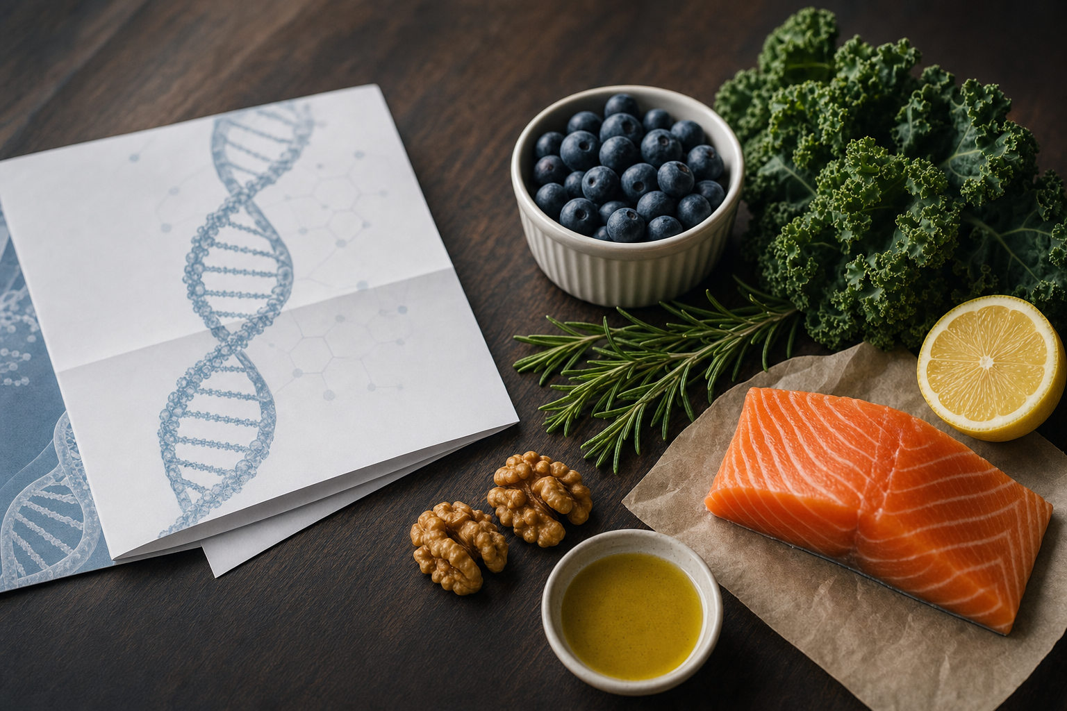 Nutrigenomics testing DNA report alongside whole foods