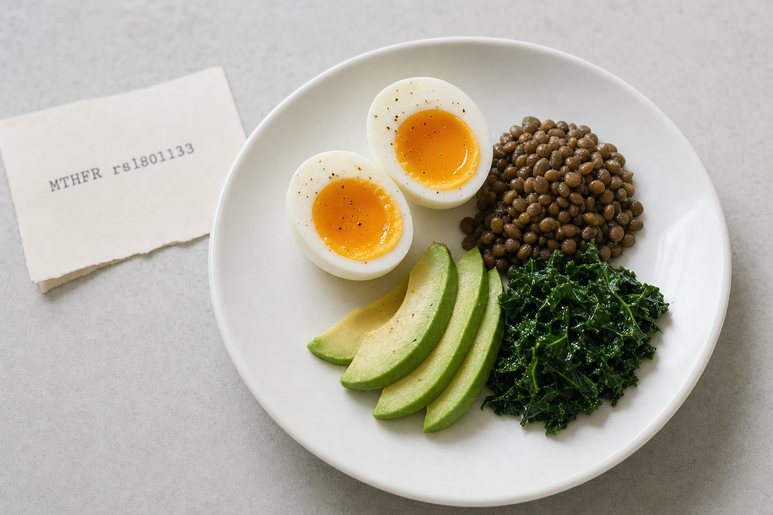 Plate with eggs, lentils, avocado and kale beside an MTHFR rs1801133 note