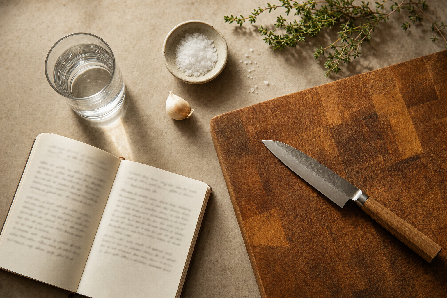 Chef workspace with knife, cutting board, and notebook