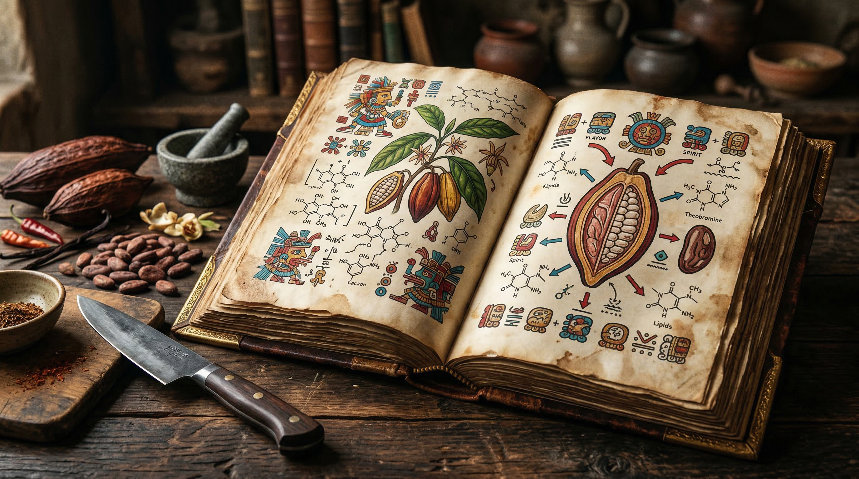 Ancient codex with Mexica-inspired illustrations blended with molecular structures and botanical diagrams, open on a dark wooden surface alongside cacao pods and chef knife