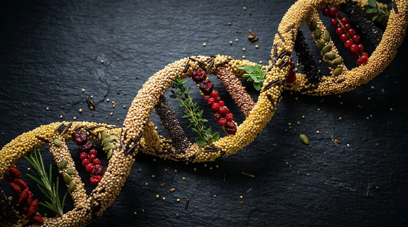 DNA double helix formed from organic food ingredients — grains, berries, herbs on slate