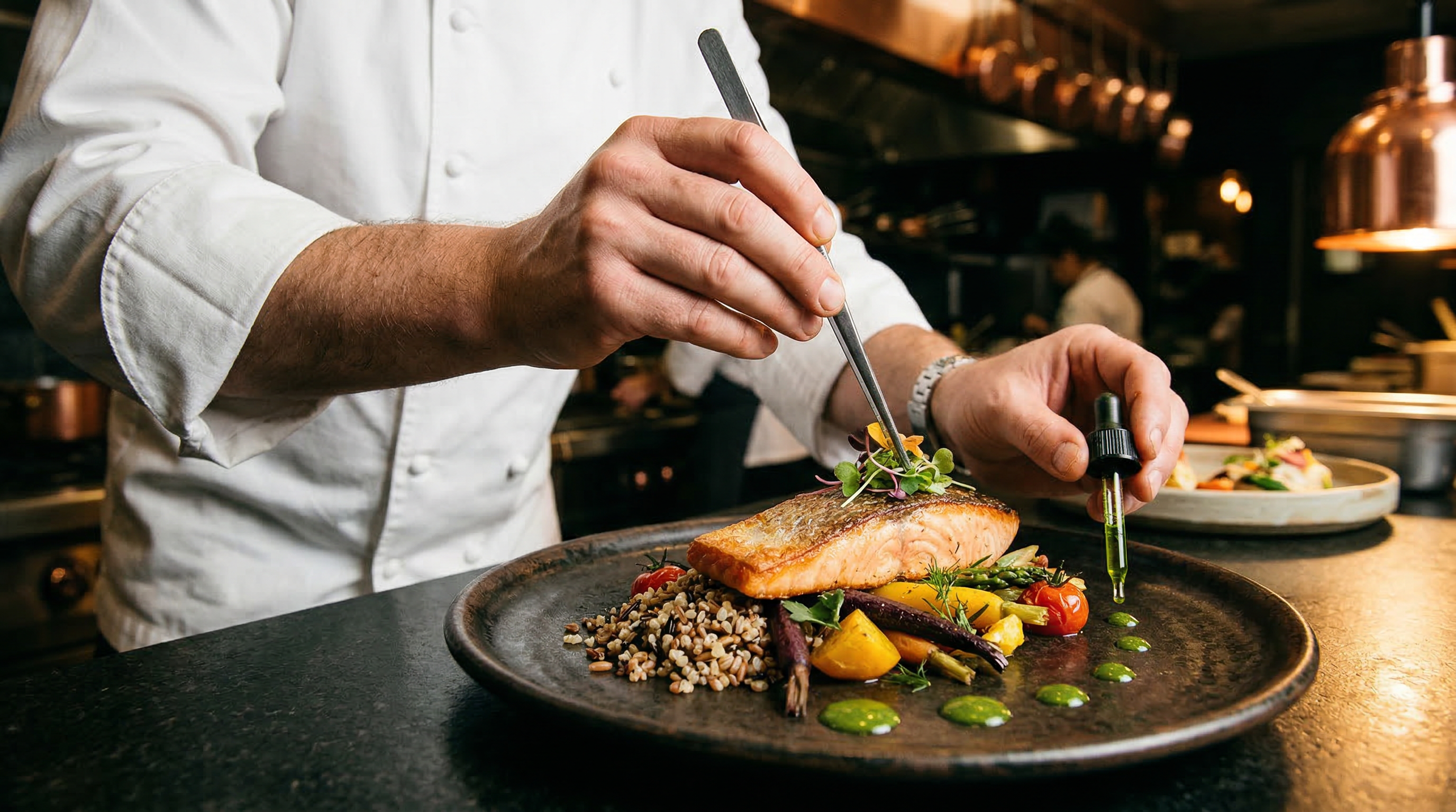 Chef carefully plating a seared salmon fine dining dish with roasted vegetables and herb oil in a copper-lit kitchen